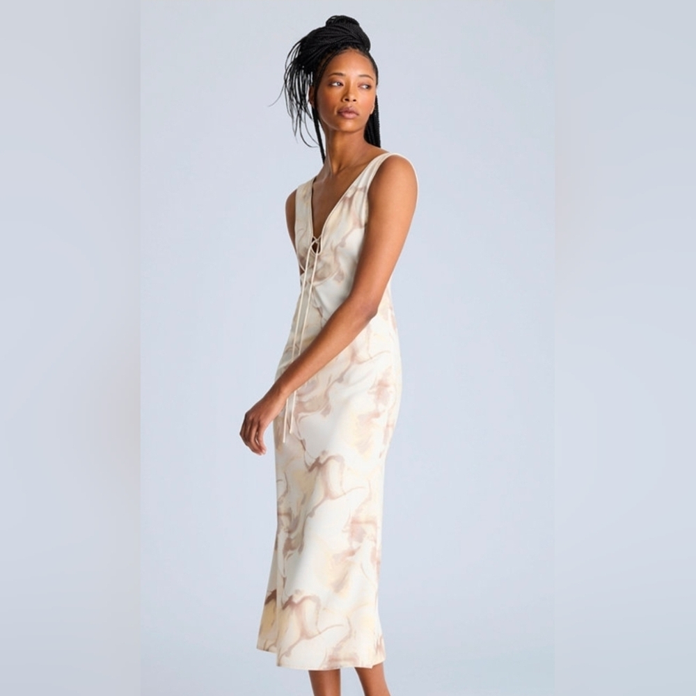 Cream and Brown Printed Tie Detail Midi Dress * SIZE ALERT this is a size Small!